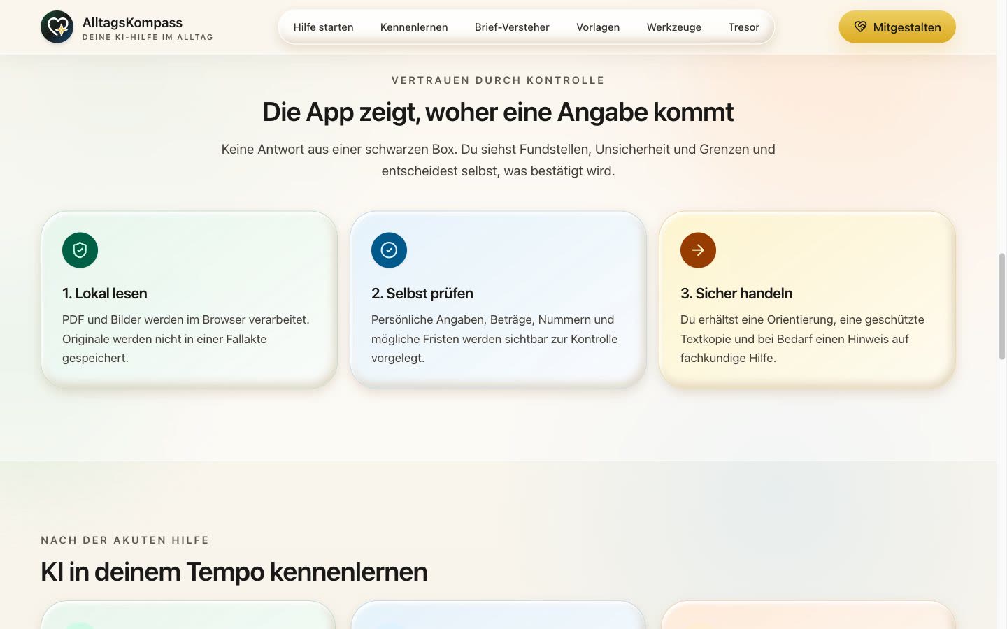 Abschnitt Die App zeigt, woher eine Angabe kommt mit den drei Schritten Lokal lesen, Selbst prüfen und Sicher handeln