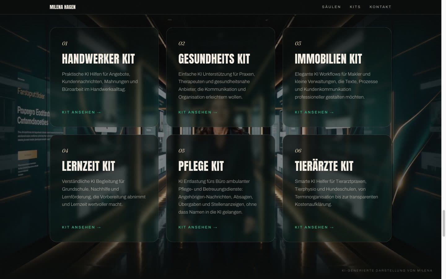 Raster der sechs Kits Handwerker, Gesundheit, Immobilien, Lernzeit, Pflege und Tierärzte über der Filmszene