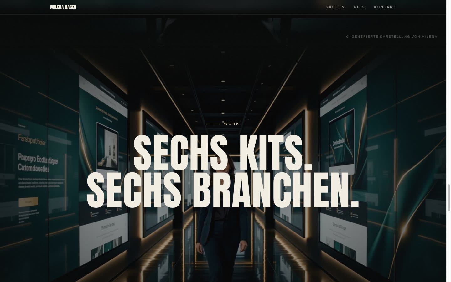 Szene mit der Überschrift Sechs Kits. Sechs Branchen. vor einem KI-generierten Raum mit leuchtenden Bildschirmen