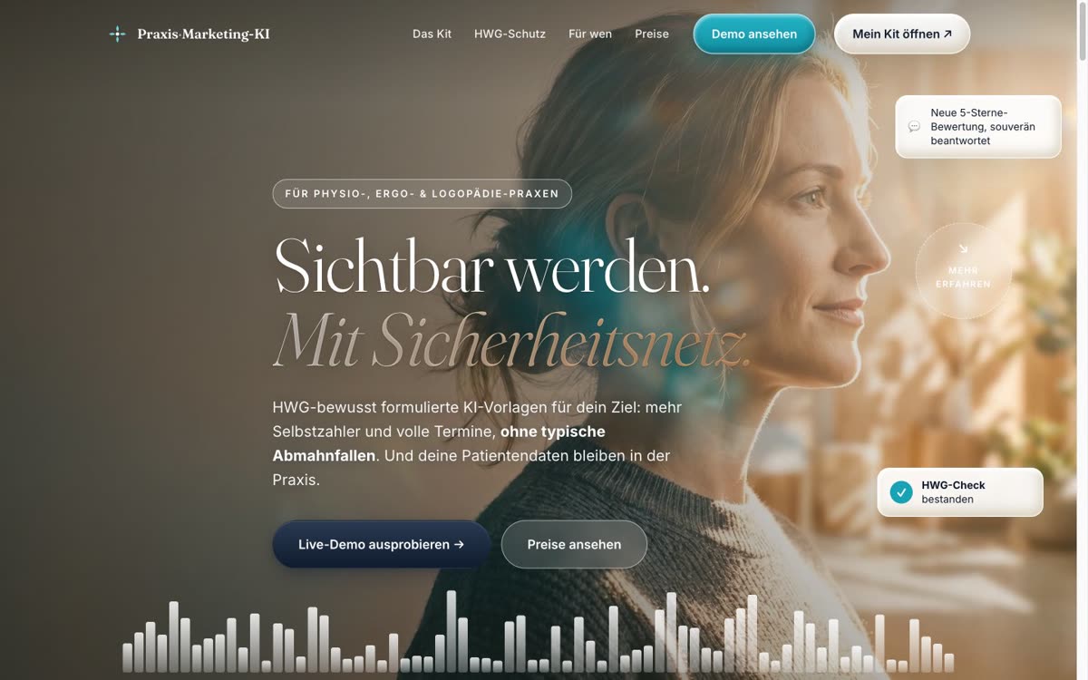 Startbereich der Website Praxis-Marketing-KI für Physio-, Ergo- und Logopädie-Praxen