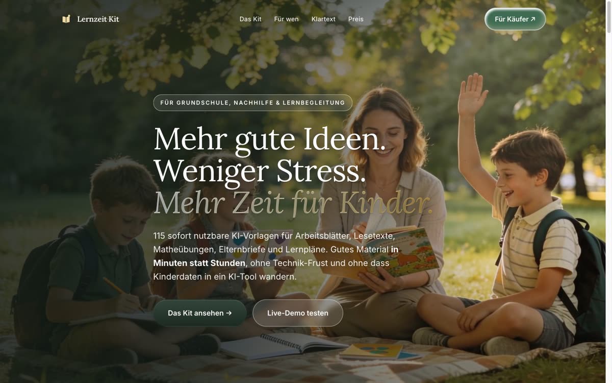 Startbereich der Website Lernzeit-Kit für Grundschule und Nachhilfe