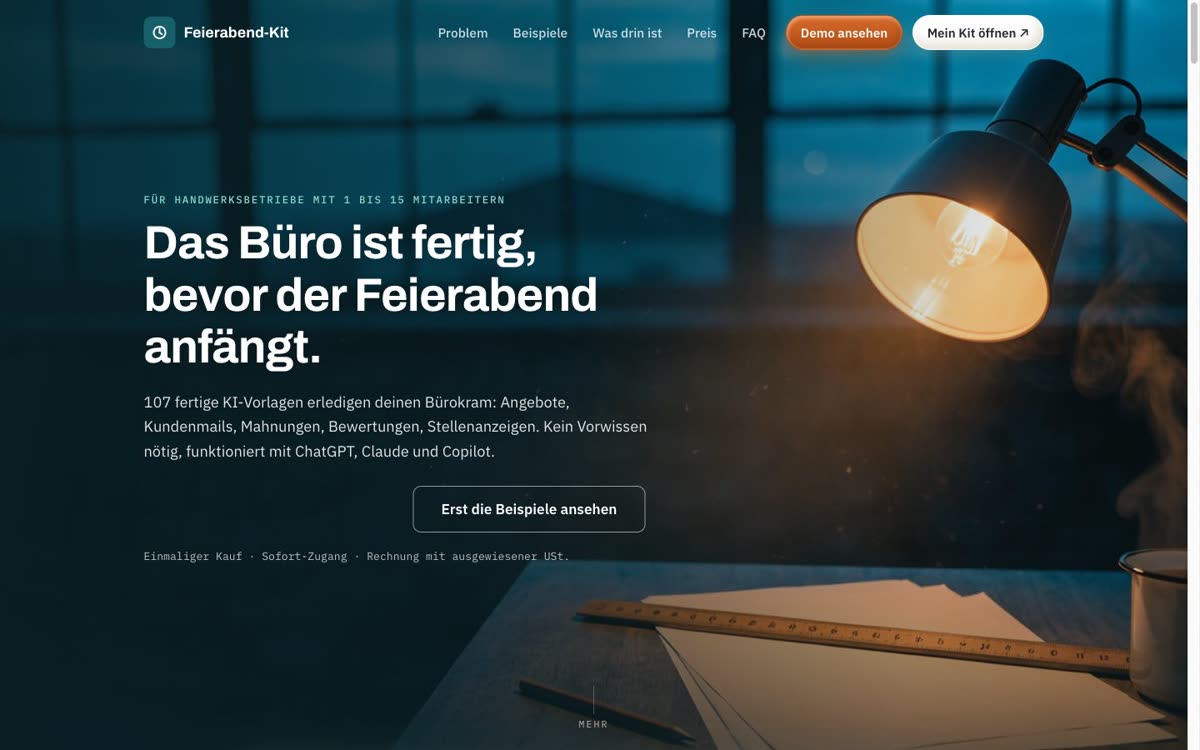 Startbereich der Website Feierabend-Kit für Handwerk