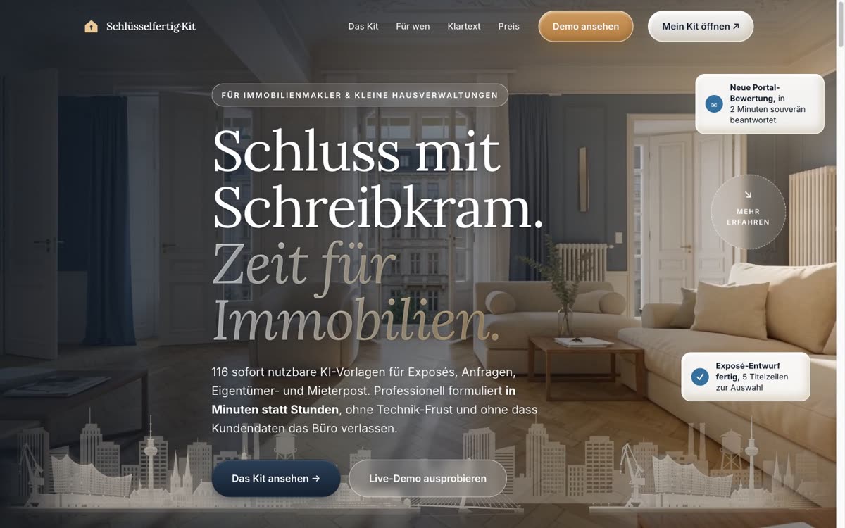 Startbereich der Website Schlüsselfertig-Kit für Makler und Hausverwaltungen