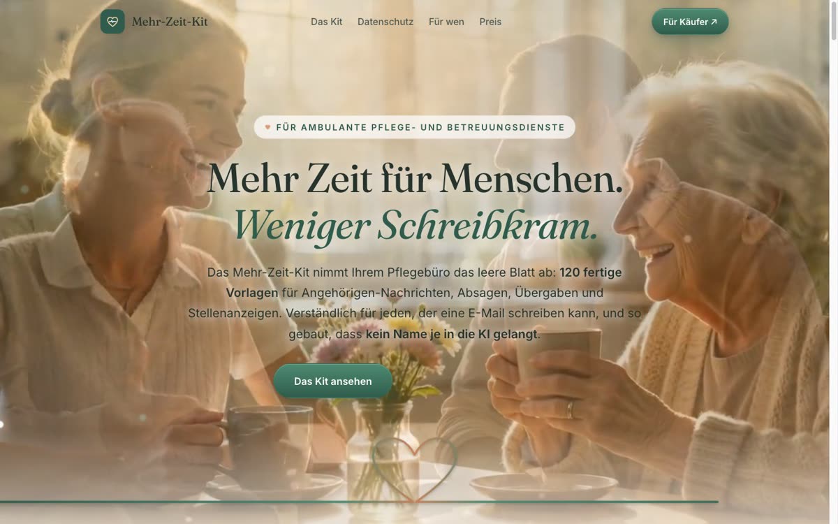 Startbereich der Website Mehr-Zeit-Kit für ambulante Pflege