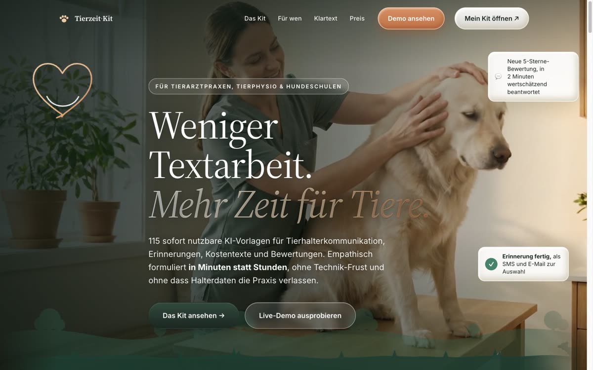 Startbereich der Website Tierzeit-Kit für Tierarztpraxen und Hundeschulen