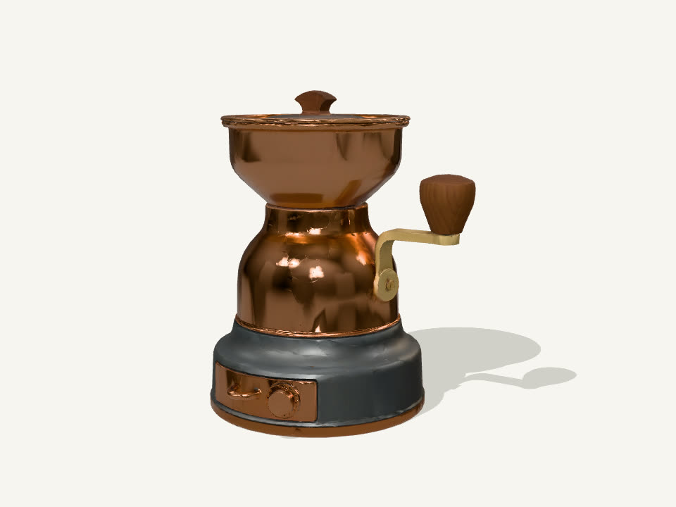 Eine Kaffeemühle aus Kupfer, Silber und Messing mit Nussbaumknauf.