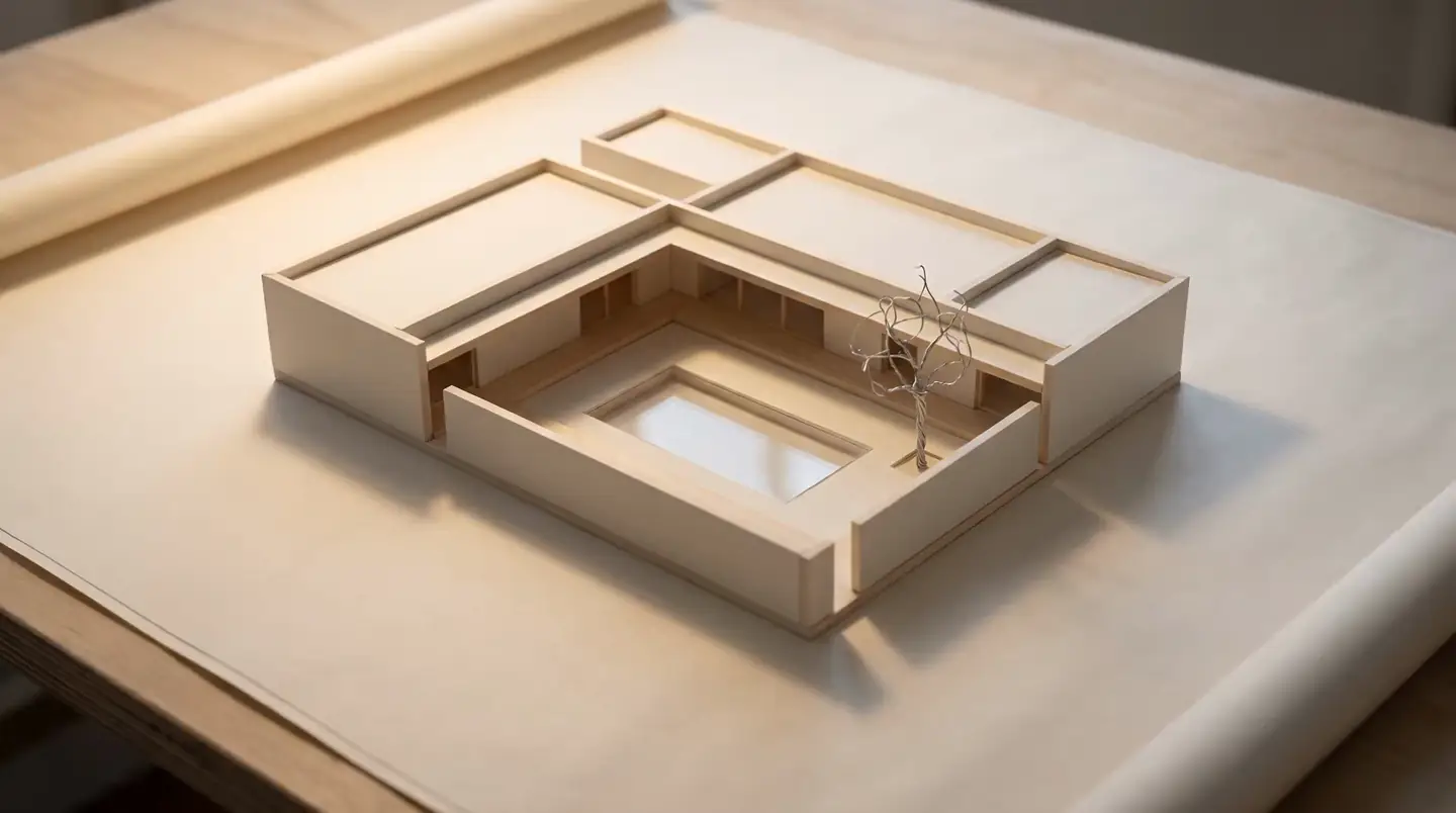 Weißes Architekturmodell eines Hofhauses auf Zeichenpapier